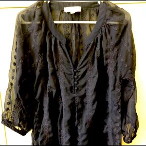 Olive & Oak navy embroidered sheer blouse, Lg